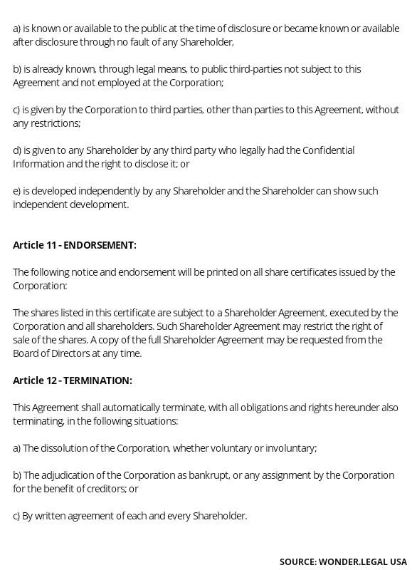 Shareholder Agreement Template article 11